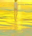  1girl amei_zhao barefoot beach brown_hair commentary crescent_moon day english_text facing_away floating_hair from_behind highres horizon light_particles moon nature original outdoors scenery shirt shore short_hair short_sleeves shorts solo standing t-shirt waves white_shirt yellow_sky yellow_theme 