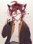  1boy ;p absurdres ahoge alternate_costume animal_ears brown_hair brown_jacket cat_ears detective fang genshin_impact green_eyes hair_ornament highres holding holding_magnifying_glass jacket long_hair long_sleeves looking_at_viewer magnifying_glass male_focus mole mole_under_eye monocle_hair_ornament multicolored_hair nekojinnyart one_eye_closed open_clothes open_jacket red_hair shikanoin_heizou simple_background sweater tongue tongue_out two-tone_hair white_sweater 