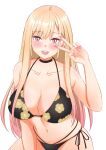  1girl :d absurdres bangs bikini black_bikini blonde_hair blush breasts cleavage earrings eyebrows_visible_through_hair floral_print highres jewelry kitagawa_marin long_hair looking_at_viewer mikarin_(mikarin672) navel pink_eyes pink_nails simple_background smile solo sono_bisque_doll_wa_koi_wo_suru swimsuit teeth v white_background 