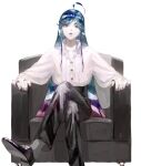  1other ahoge alexandrite_(houseki_no_kuni) androgynous bangs black_footwear buttons collared_shirt colored_skin couch crossed_legs dress_shirt facing_viewer formal ghost_to_human gradient_eyes gradient_hair high_collar highres houseki_no_kuni jewelry long_hair looking_at_viewer loose_clothes loose_shirt multicolored_eyes multicolored_hair nail_polish ring shiny shiny_hair shirt shoes sidelocks sitting solo swept_bangs white_skin 