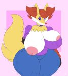  absurd_res anthro big_breasts big_butt breasts butt canid canine coffee_demon delphox eyeshadow female fox fur hi_res huge_breasts inner_ear_fluff makeup mammal mature_female nintendo nipples pok&eacute;mon pok&eacute;mon_(species) red_body red_fur solo thick_thighs tuft video_games white_body yellow_body yellow_fur 