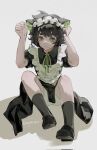  1boy alternate_costume animal_ears apron artist_name black_dress black_footwear black_hair black_legwear cat_boy cat_ears collared_dress denpa0304 dress dressing enmaided frilled_apron frills full_body green_eyes green_ribbon hand_on_own_head hands_up highres kneehighs looking_at_viewer luoxiaohei maid maid_apron maid_headdress male_focus neck_ribbon puffy_short_sleeves puffy_sleeves ribbon shoes short_sleeves shorts simple_background sitting smile solo the_legend_of_luo_xiaohei tying upskirt white_apron white_background white_shorts 
