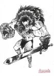  anthro big_muscles bottomwear canid canine canis clothing facial_piercing hi_res loincloth looking_at_viewer male mammal melee_weapon muscular navel nipple_piercing nipples nose_piercing nose_ring piercing shield solo sword tuskforce warrior weapon wolf wooden_shield 
