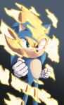  1boy absurdres animal_nose clenched_hands closed_mouth furry furry_male gloves green_eyes highres looking_at_viewer male_focus red_eyes ryan_(ritenichi) smile solo sonic_(series) sonic_the_hedgehog sonic_the_hedgehog_2_(film) spoilers standing super_sonic transformation white_gloves 