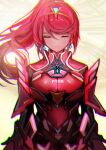  1girl alternate_costume alternate_hairstyle bangs breasts chest_jewel cosplay earrings highres jewelry large_breasts pneuma_(xenoblade) pneuma_(xenoblade)_(cosplay) pyra_(xenoblade) red_hair simple_background solo swept_bangs tarbo_(exxxpiation) xenoblade_chronicles_(series) xenoblade_chronicles_2 