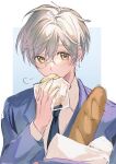  1boy baguette bread cardcaptor_sakura eating es_shio food glasses grey_hair melon_bread necktie school_uniform solo tsukishiro_yukito 