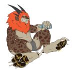  2016 4_toes anthro arcus_blazemane brown_body brown_fur claws clothing embarrassed feet finger_claws food food_fetish food_play foot_fetish foot_focus fur hair hi_res honey_(disambiguation) horn leopard_spots looking_at_viewer male mane orange_hair red_eyes silverzar soles solo spots syrup toe_claws toes underwear 
