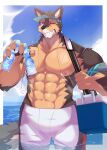  abs anthro beach beverage bottomwear brown_body brown_fur canid canine canis clothing cooler domestic_dog fur grin hi_res lifewonders live-a-hero looking_at_viewer male mammal muscular muscular_anthro muscular_male one_eye_closed partially_submerged pecs pubraseer ramune seaside shirtless shorts smile solo swimwear video_games water wink y_yama8642 