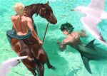  2boys alternate_universe animal artist_name ass bakugou_katsuki barefoot bird blonde_hair blue_pants blurry boku_no_hero_academia caustics closed_mouth commentary day denim depth_of_field english_commentary fins fish freckles from_above from_behind green_eyes green_hair holding holding_reins horse horseback_riding jeans looking_at_another male_focus merman midoriya_izuku monster_boy monsterification multiple_boys outdoors pants pointy_ears reins riding scar seagull shapooda short_hair sitting smile spiked_hair swimming topless_male twitter_username water 