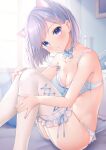  1girl absurdres animal_ear_fluff animal_ears bangs bare_arms bed blue_bow blue_bowtie blue_eyes blue_nails blue_ribbon blurry blush bow bowtie bra breasts cat_ears cat_tail choker cleavage collarbone depth_of_field eyebrows_visible_through_hair feet_out_of_frame frilled_bra frilled_choker frilled_panties frills from_side garter_straps grey_hair hand_on_own_leg head_tilt highres hio_(hiohio0306) indoors lace-trimmed_bra lace_trim leg_garter looking_at_viewer medium_breasts midriff nail_polish on_bed original panties parted_lips picture_frame ribbon short_hair sitting solo strap_slip tail thighhighs thighs underwear white_legwear 
