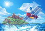  1boy aircraft airplane blue_fur blue_sky cloud cloudy_sky gloves hedgehog island mirahattu ocean sky sonic_(series) sonic_mania sonic_the_hedgehog sun water waterfall white_gloves 