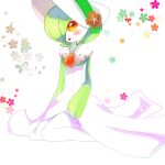  1girl bangs blush bob_cut bonnet capelet clothed_pokemon colored_skin commentary_request flat_chest flower full_body gardevoir green_hair green_skin hair_over_one_eye hao_(pixiv_10705622) happy hat hat_flower looking_at_viewer multicolored_skin one_eye_covered open_mouth orange_flower partial_commentary pink_trim pokemon pokemon_(creature) pokemon_(game) pokemon_unite red_eyes short_hair sitting smile solo two-tone_skin wariza white_background white_capelet white_headwear white_skin 