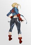  1girl ahoge ass blonde_hair boots cammy_white cropped_jacket fingerless_gloves from_behind full_body gloves grey_background looking_at_viewer looking_back ozkh pants red_footwear short_hair simple_background solo standing street_fighter street_fighter_6 tight tight_pants union_jack union_jack_print 