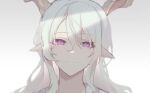  1boy androgynous animal_ears antlers arknights artist_request character_request grey_background long_hair looking_at_viewer male_focus purple_eyes smile solo white_hair 