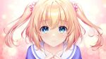  1girl alpha_(yukai_na_nakamatachi) bangs blonde_hair blue_eyes blue_shirt bow bowtie closed_mouth collared_shirt eyebrows_visible_through_hair floating_hair game_cg green_bow green_bowtie hair_between_eyes hair_ornament hair_scrunchie long_hair looking_at_viewer nagima_yumemi non-web_source pink_background pink_scrunchie portrait sailor_collar sailor_shirt scrunchie shirt solo sousaku_kanojo_no_renai_koushiki twintails white_sailor_collar 