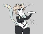  absurd_res anthro big_breasts breasts clothed clothing digital_media_(artwork) domestic_cat english_text felid feline felis female fur hair hi_res holding_plate legwear lingerie looking_at_viewer mammal mzzrlaraz open_mouth sabrina simple_background solo stockings text 