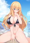  1girl bare_shoulders bikini bikini_top_only black_bikini blonde_hair blue_eyes blush braid breasts cleavage cloud cloudy_sky covering covering_crotch day dura eyebrows_visible_through_hair feet_out_of_frame hair_between_eyes highres large_breasts long_hair looking_at_viewer neptune_(series) o-ring o-ring_top ocean outdoors sitting sky smile solo swimsuit vert_(neptune_series) 