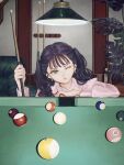  1girl ball bangs billiard_ball billiards black_hair brown_eyes cross cross_earrings cue_stick earrings highres jewelry leaf looking_at_viewer one_eye_closed original pink_shirt plant pool_table shadow shirt solo twintails utsuwa0120 