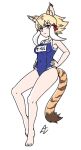  1girl acesrulez alternate_costume animal_ears bare_legs bare_shoulders barefoot blonde_hair blue_swimsuit bow cat_ears cat_girl cat_tail collared_shirt commentary_request full_body hair_bow hands_on_hips kemono_friends multicolored_hair name_tag one-piece_swimsuit red_bow school_swimsuit shirt short_hair sidelocks smilodon_(kemono_friends) solo swimsuit tail translation_request white_hair 