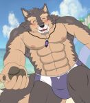  abs anthro beach blush brown_body brown_fur bulge canid canine canis clothing domestic_dog eyebrows first_person_view fur jewelry lifewonders live-a-hero looking_at_viewer male mammal muscular muscular_anthro muscular_male necklace nipples outside pawpads pecs pubraseer seaside smile solo speedo swimwear takatoratorao thick_eyebrows video_games 