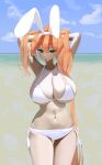  1girl absurdres arms_up bangs beach bikini blue_sky breasts cleavage cloud commentary_request day eyebrows_visible_through_hair green_eyes hair_between_eyes hair_tie hair_tie_in_mouth highres horizon huge_breasts long_hair looking_at_viewer mouth_hold navel nicorima ocean orange_hair original outdoors sky solo standing swimsuit very_long_hair white_bikini 