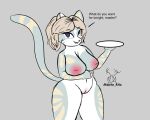  absurd_res anthro big_breasts breasts digital_media_(artwork) domestic_cat felid feline felis female fur genitals hair hi_res holding_object holding_plate looking_at_viewer mammal mzzrlaraz nude pink_pussy plate pussy sabrina simple_background solo standing text 