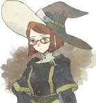  1girl closed_mouth deqqqooon fire_emblem fire_emblem_awakening glasses hat leather miriel_(fire_emblem) red_eyes red_hair solo sweater turtleneck turtleneck_sweater upper_body witch_hat 