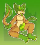  animal_genitalia animal_penis anthro balls bodily_fluids canid canine canine_penis cum erection fennec fox fur genital_fluids genitals green_body green_fur hair hi_res knot looking_at_viewer male mammal mikosita nude penile penis precum simple_background solo standing tongue tongue_out wolfyzeeb 