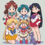  bishoujo_senshi_sailor_moon blonde_hair blue_bow blue_eyes blue_footwear blush bow brown_hair cat choker closed_eyes closed_mouth green_choker green_eyes highres luna_(sailor_moon) magical_girl multiple_girls open_mouth orange_footwear orange_skirt pink_bow purple_hair red_bow red_footwear red_skirt sailor_jupiter sailor_mars sailor_mercury sailor_moon sailor_venus skirt tsubobot 