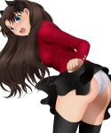  1girl ass bent_over black_bow black_legwear black_skirt blush bow breasts brown_hair clothes_lift cowboy_shot fate/stay_night fate_(series) floating_hair green_eyes hair_bow long_hair long_sleeves looking_back medium_breasts miniskirt panties pleated_skirt shirt simple_background skirt skirt_lift solo standing thighhighs tohsaka_rin twintails underwear very_long_hair white_background white_panties white_shirt yadokari_genpachirou 