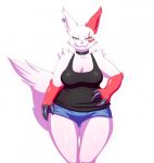  2017 anthro bedroom_eyes bottomwear breasts claws cleavage clothed clothing collar cutoffs denim denim_clothing ear_piercing eyelashes fangs female female_anthro fingers front_view fur hands_on_hips head_tuft hi_res hotpants licking licking_lips looking_at_viewer mammal narrowed_eyes navel nintendo piercing pink_eyes pink_nose pok&eacute;mon pok&eacute;mon_(species) portrait red_body red_fur seductive shirt shorts shoulder_tuft silentsound simple_background smile solo standing tank_top thick_thighs three-quarter_portrait tongue tongue_out topwear tuft video_games white_background white_body white_fur wide_hips zangoose 