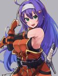  1girl ahoge artist_request bare_shoulders belt blue_hair blush breasts detached_sleeves fingerless_gloves fire_emblem fire_emblem:_path_of_radiance gloves green_eyes hairband headband highres long_hair looking_at_viewer mia_(fire_emblem) open_mouth purple_hair smile solo stretched_limb sword thighhighs weapon white_hairband 