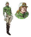  1boy blonde_hair boots brown_footwear covered_abs diego_brando gloves grandguerrilla green_shirt grey_pants hair_between_eyes hat highres jojo_no_kimyou_na_bouken long_hair long_sleeves looking_at_viewer male_focus multiple_views pants parted_lips shirt solo steel_ball_run white_gloves white_headwear yellow_eyes 