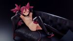  1girl 3d arms_behind_head beanis black_background black_choker black_collar black_footwear black_gloves blender_(medium) boots breasts choker collar commentary couch demon_girl demon_tail disgaea earrings elbow_gloves english_commentary etna gloves highres jewelry knee_up lying makai_senki_disgaea navel nipples o-ring o-ring_choker o-ring_collar on_back on_couch pointy_ears red_hair red_legwear skull_earrings small_breasts solo tail thigh_boots thighhighs twintails wings 