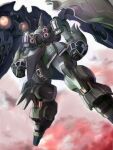  clenched_hands cloud flying gacha-m gundam gundam_unicorn highres kshatriya mecha no_humans one-eyed pink_eyes science_fiction sky solo thrusters 