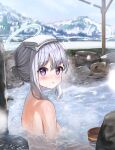  1girl absurdres bathing blue_archive blush breast_hold breasts bucket completely_nude eyebrows_visible_through_hair green_hair hair_bun halo highres looking_at_viewer medium_breasts miyako_(blue_archive) namoho82 nude onsen open_mouth partially_submerged purple_eyes rock sidelocks solo towel towel_on_head water wet 