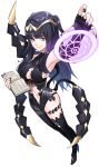  1girl absurdres armor bangs black_hair blunt_bangs book bracelet breasts cape cleavage fire_emblem fire_emblem_awakening grimmelsdathird high_heels highres jewelry large_breasts long_hair looking_at_viewer medium_breasts nail_polish purple_eyes revealing_clothes smile solo tharja_(fire_emblem) tiara two_side_up 