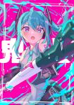  1girl :o absurdres ahoge bangs bare_shoulders blue_hair collared_vest gradient_eyes hair_ribbon hatsune_miku highres holding kurobikari multicolored_eyes nail_polish necktie pink_background ribbon skirt solo twintails vest vocaloid wide_sleeves 