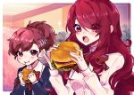  2girls :o bangs black_jacket blazer blue_background blush bow breasts burger collared_shirt emi_star english_commentary eyebrows_visible_through_hair food hair_behind_ear holding holding_food jacket kirijou_mitsuru looking_at_viewer looking_down medium_breasts multiple_girls open_mouth persona persona_3 portrait red_bow red_eyes red_hair school_uniform shiomi_kotone shirt sparkle white_shirt 