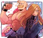  1boy 1girl ahoge alex_louis_armstrong bald blonde_hair blue_coat blue_eyes blush bouquet brother_and_sister closed_mouth coat facial_hair flower fullmetal_alchemist gloves hair_over_one_eye handlebar_mustache highres holding long_hair long_sleeves looking_at_viewer muscular muscular_male mustache olivier_mira_armstrong one_eye_covered red_flower red_rose rose siblings signature smile sparkle sui_(suizilla) topless_male uniform white_gloves 