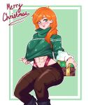  abs alex_(minecraft) black_footwear blush box bright_pupils brown_pants feet_out_of_frame gift gift_box green_eyes hair_over_shoulder highres long_hair merry_christmas midriff minecraft navel open_mouth orange_hair outline pants smile void_dot_exe white_outline white_pupils 