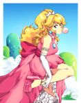  1girl absurdres bangs blue_eyes breasts chewing_gum crown dress earrings elbow_gloves english_commentary gloves hair_behind_ear harleequeen highres jewelry leg_up long_hair mario_(series) medium_breasts pink_dress ponytail princess_peach sky solo white_gloves 