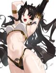  1girl 7gao :d absurdres armlet armpits arms_up bangs bikini black_gloves black_hair black_ribbon breasts earrings elbow_gloves fate/grand_order fate_(series) gloves gold_trim hair_ribbon highleg highres hoop_earrings ishtar_(fate) jewelry long_hair looking_at_viewer mismatched_bikini navel parted_bangs red_eyes ribbon single_elbow_glove small_breasts smile solo swimsuit teeth tiara twintails upper_teeth white_background 