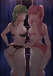  2girls :d absurdres ass ass_cutout bandana bare_shoulders black_bra black_panties blush bra braid breasts butt_crack clothing_cutout commission fire_emblem fire_emblem:_the_blazing_blade from_behind glowing glowing_eyes green_eyes green_hair highres holding_hands indoors lingerie looking_at_viewer looking_back medium_breasts multiple_girls nabunabu night night_sky open_mouth panties pink_bra pink_eyes pink_hair pink_panties rebecca_(fire_emblem) serra_(fire_emblem) sideboob sky smile twintails underwear window 