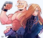  1boy 1girl ahoge alex_louis_armstrong bald blonde_hair blue_coat blue_eyes blush brother_and_sister closed_mouth coat facial_hair fullmetal_alchemist gloves hair_over_one_eye handlebar_mustache highres holding long_hair long_sleeves looking_at_viewer muscular muscular_male mustache olivier_mira_armstrong one_eye_covered siblings signature simple_background smile sui_(suizilla) topless_male uniform white_background white_gloves 