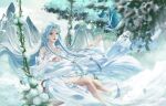  1girl absurdres bare_legs bird blue_hair cloud douluo_dalu dress falling_leaves flower hair_ornament highres leaf long_hair mountain outstretched_hand shi_zengyu_yu_guang sitting solo swing_set tang_wutong_(douluo_dalu) white_dress 