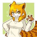  2019 acky05 anthro border clothed clothing eyebrows female fur gesture green_background green_eyes grin hair half-length_portrait inner_ear_fluff kemono mami_mitarai mammal markings orange_body orange_fur orange_hair pawpads paws portrait procyonid raccoon sharp_teeth simple_background smile solo striped_markings striped_tail stripes tail_markings tamamo-chan&#039;s_a_fox teeth tuft turtleneck unavailable_at_source v_sign white_body white_border white_fur 