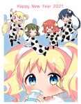  &gt;_&lt; 5girls :o =_= alice_cartelet animal_print arm_up bangs blonde_hair blue_background blue_eyes blue_hair blunt_bangs blush bottle breasts brown_hair chibi chinese_zodiac closed_eyes closed_mouth commentary_request cow_print cow_tail dated drinking english_text everyone eyebrows_behind_hair eyebrows_visible_through_hair fang floating_hair full_body hair_between_eyes hair_ornament hairclip hands_up happy_new_year hara_yui horns inokuma_youko kin-iro_mosaic komichi_aya kujou_karen long_hair looking_at_viewer looking_away looking_up medium_breasts medium_hair milk_bottle multiple_girls official_alternate_costume official_art one_eye_closed oomiya_shinobu open_mouth orange_hair outline outstretched_arm outstretched_arms ox_ears ox_girl ox_horns pajamas purple_eyes shiny shiny_hair skin_fang small_breasts swept_bangs tail thick_eyebrows twintails upper_body v very_long_hair white_background white_outline x_hair_ornament year_of_the_ox 