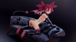  1girl 3d ass beanis black_background black_choker black_collar black_footwear black_gloves blender_(medium) boots breasts choker collar commentary couch demon_girl demon_tail disgaea earrings elbow_gloves english_commentary etna from_side gloves highres jewelry kneeling looking_at_viewer makai_senki_disgaea nipples o-ring o-ring_choker o-ring_collar on_couch pointy_ears red_eyes red_hair red_legwear skull_earrings slit_pupils small_breasts soles solo tail thigh_boots thighhighs twintails wings 