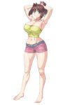  1girl adjusting_hair armpits arms_up bare_legs barefoot belt blue_eyes breasts brown_hair choker full_body grey_belt highres large_breasts looking_at_viewer mazaki_anzu midriff ozaneko pink_choker pink_shorts ponytail shadow shirt shorts simple_background smile solo standing strapless tube_top white_background yellow_shirt yu-gi-oh! yu-gi-oh!_duel_monsters yu-gi-oh!_the_dark_side_of_dimensions 
